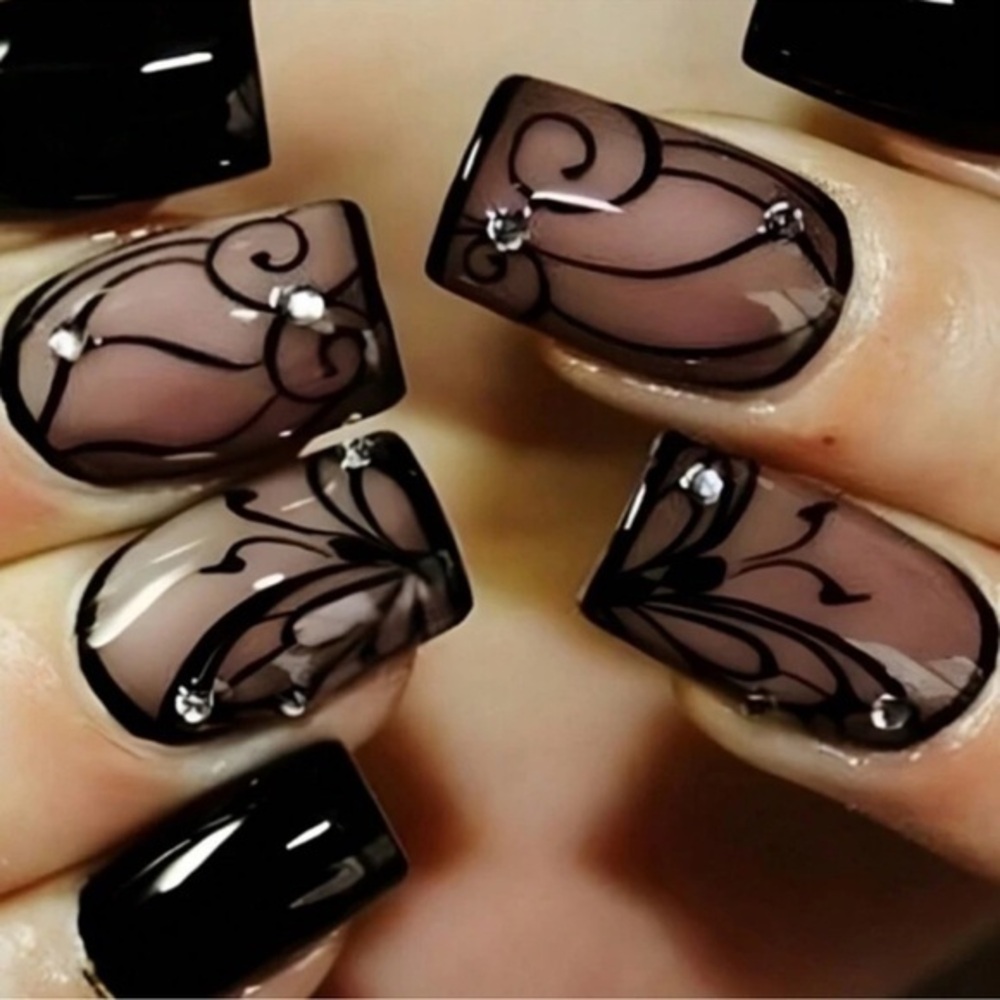 Black Gothic Butterfly Rhinestone 24 Piece Set Square Nails